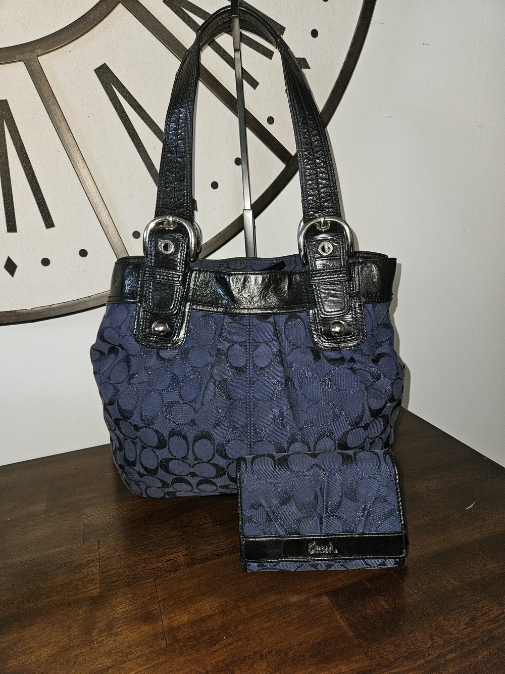 Coach Navy Blue Signature Tote with Black Leather Trim